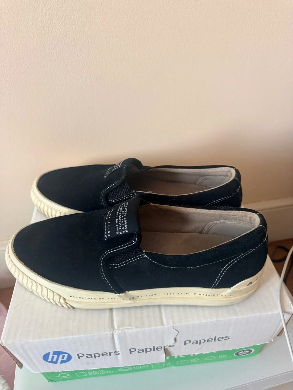 All Saints Black Canvas Slip-On Loafers with Cream Ribbed Soles